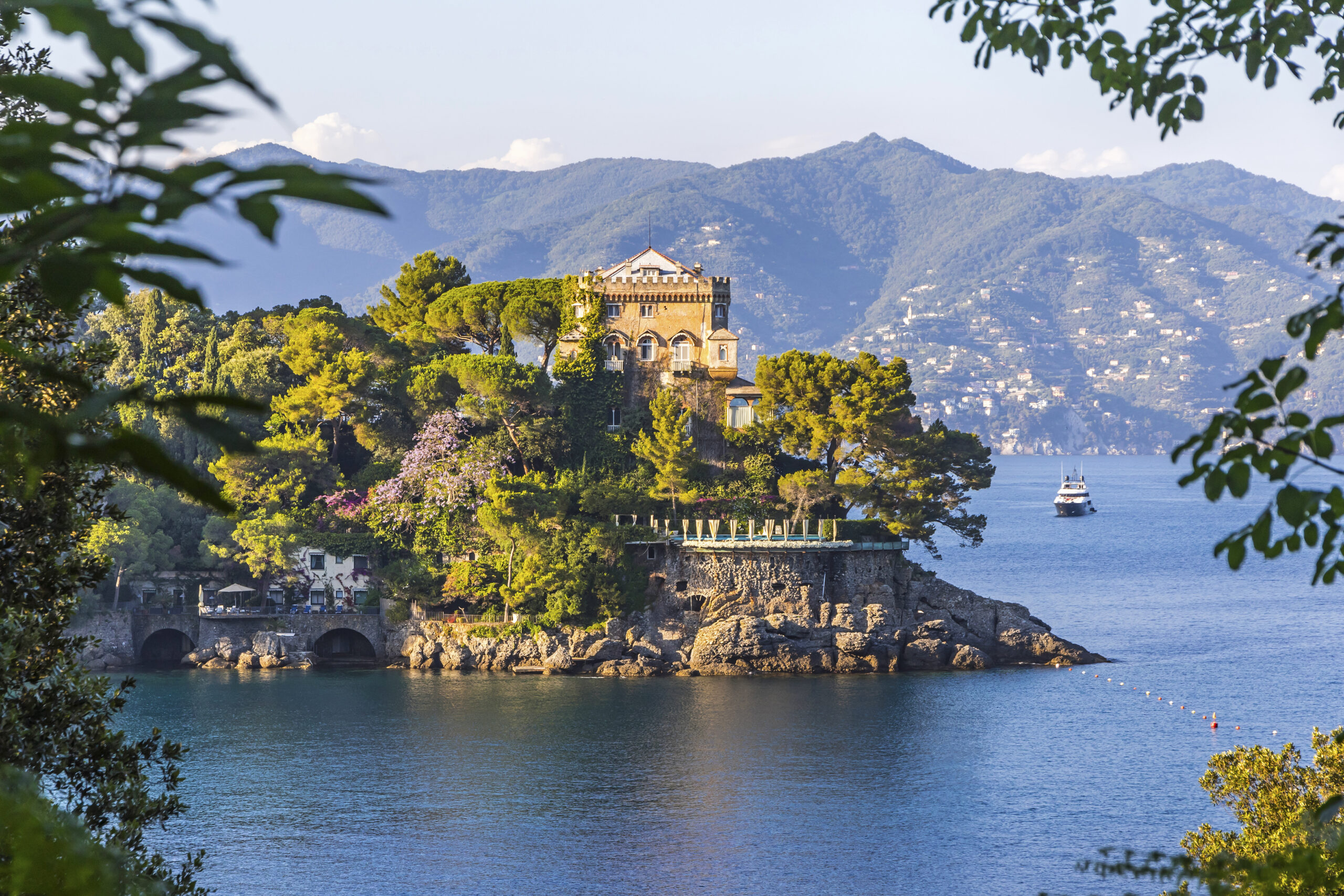Beautiful natural view of the Bay of Paraggi in Santa Margherita Ligure, Mediterranean seacoat near luxury sea resort Portofino, Italy